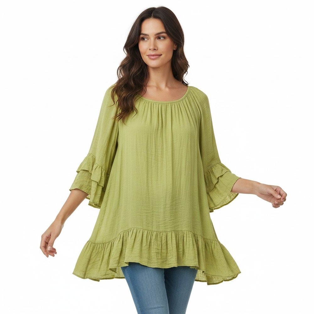 Boho Ruffle Tunic Bell Sleeve Green Flowy Tiered Fairy Festival Lagenlook Top